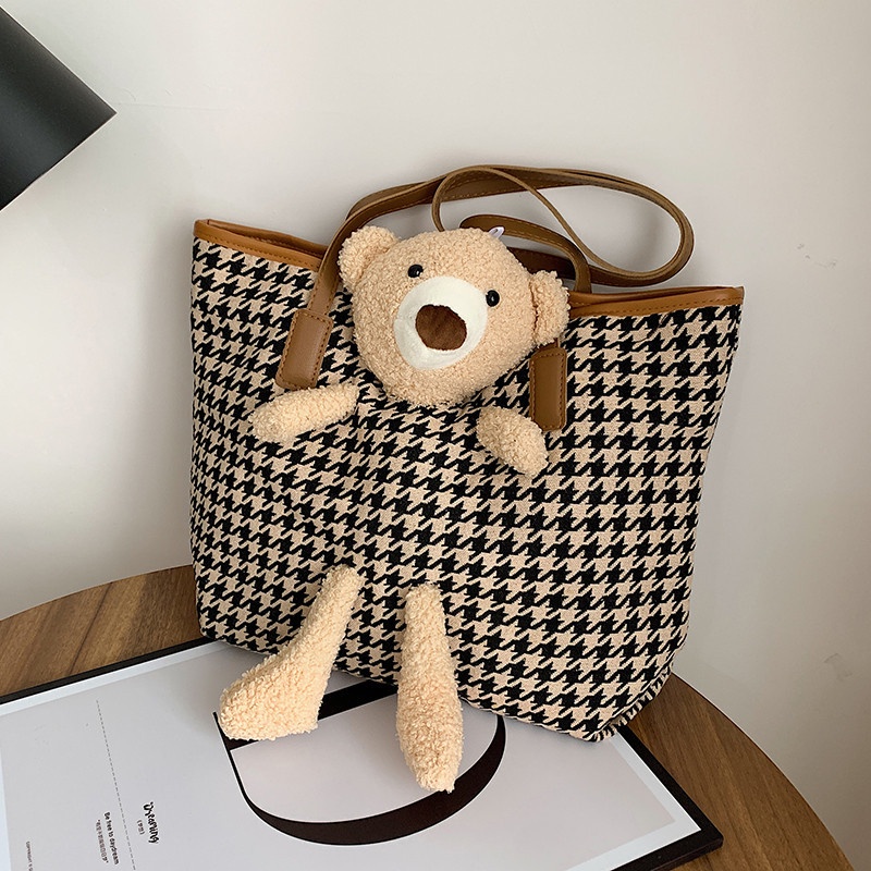 Túi Tote Đeo Vai Cỡ Lớn Họa Tiết Sọc Caro Thời Trang Thu Đông Cho Học Sinh