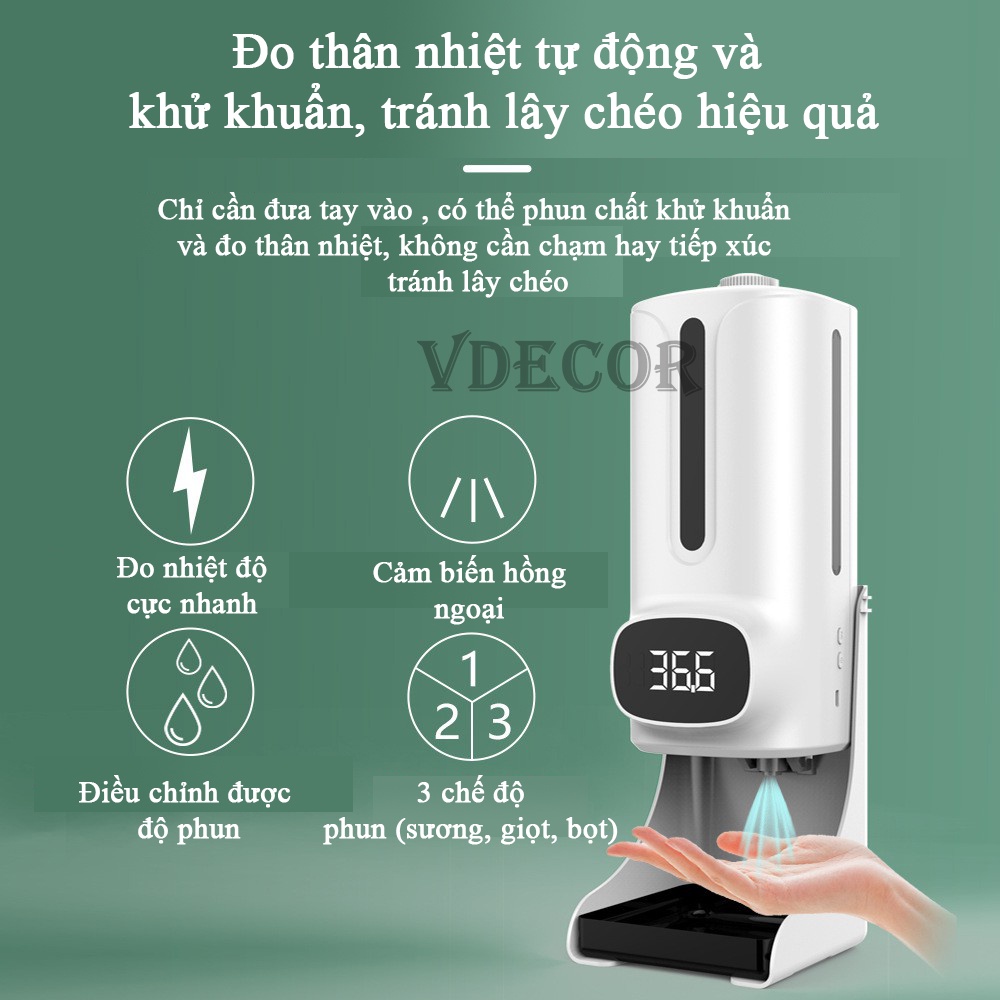 Máy sát khuẩn Vdecor K9 có tích hợp đo thân nhiệt dùng cho công ty, siêu thị, ngân hàng,...