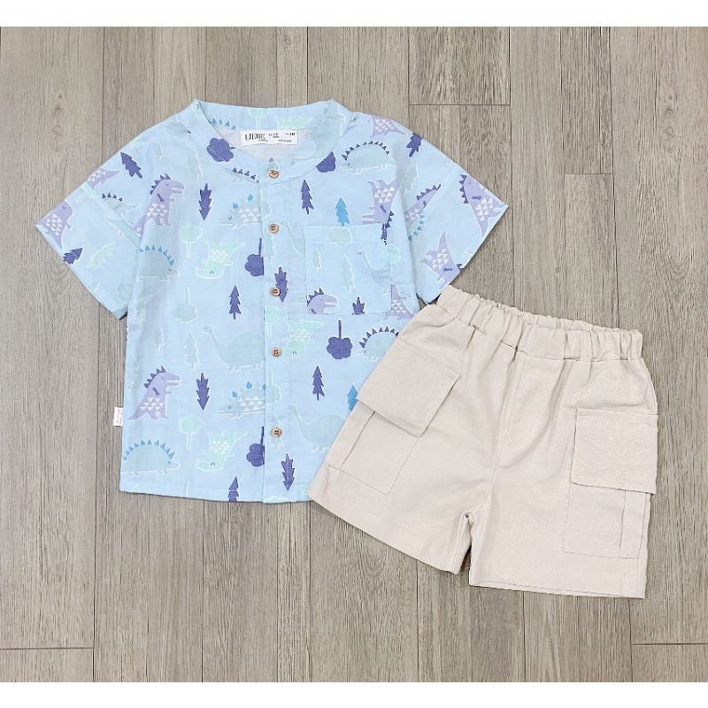 set bộ sơ mi bé trai cổ tàu linen khủng long 1t đến 6t