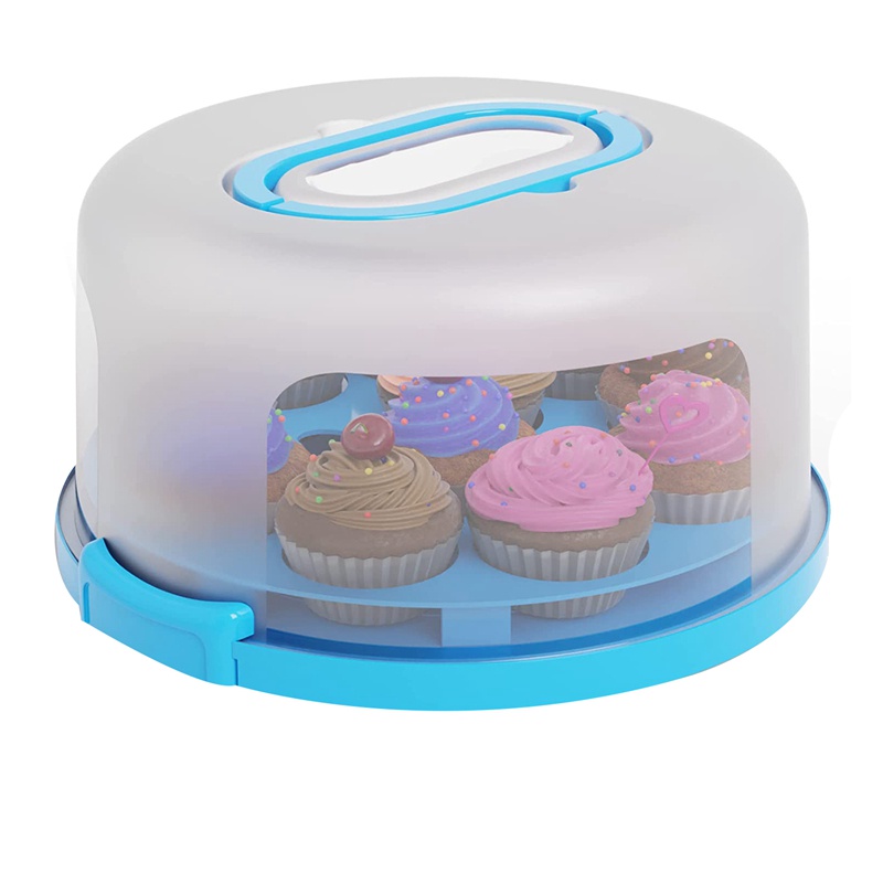 Hộp Đựng Bánh Cupcake Có Nắp Và Tay Cầm + Đĩa Đứng Hình Tròn 10inch Màu Xanh Dương