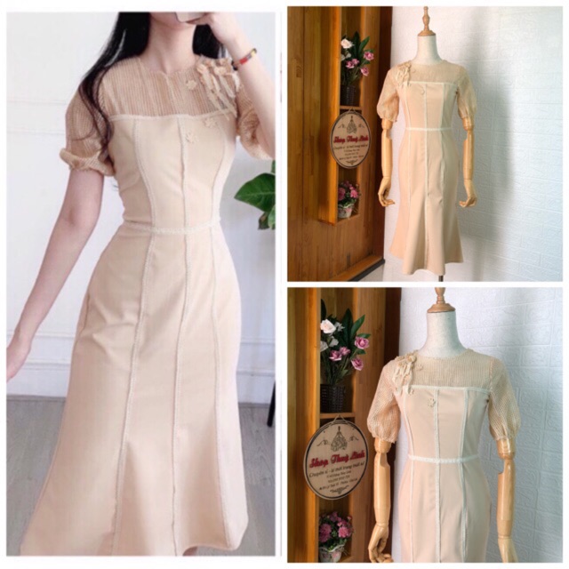 Đầm dự tiệc body đuôi cá ren lưới kết hoa - Hình thật