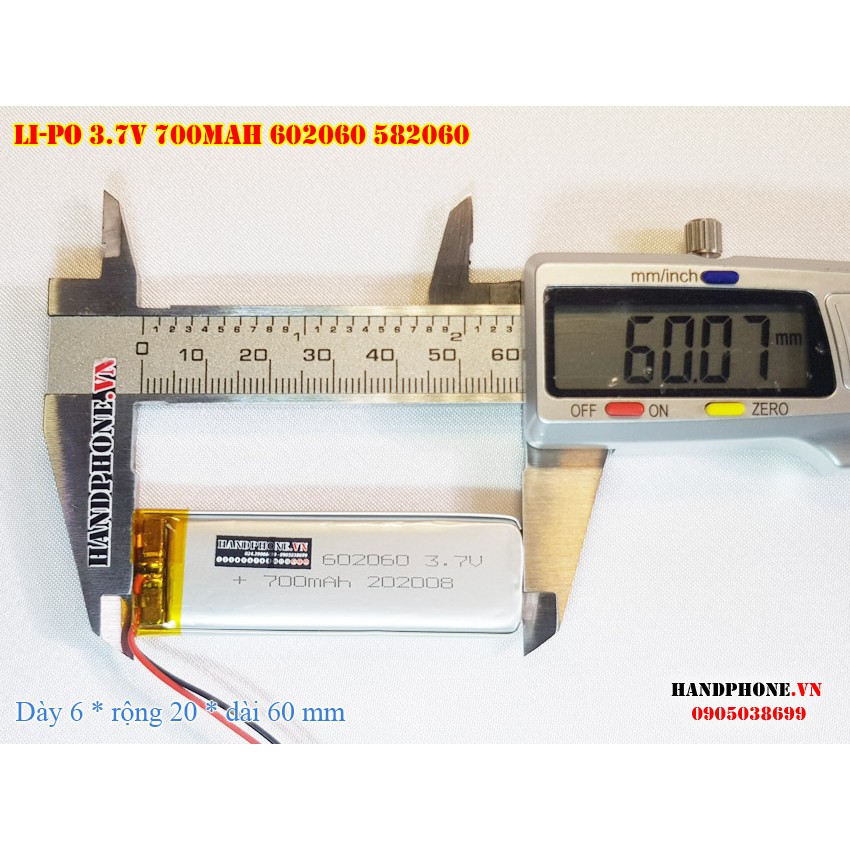 Pin Li-Po 3.7V 700mA 602060 582060 (Lithium Polyme) cho loa bluetooth, máy nội soi, bàn phím bluetooth, camera, đồng hồ