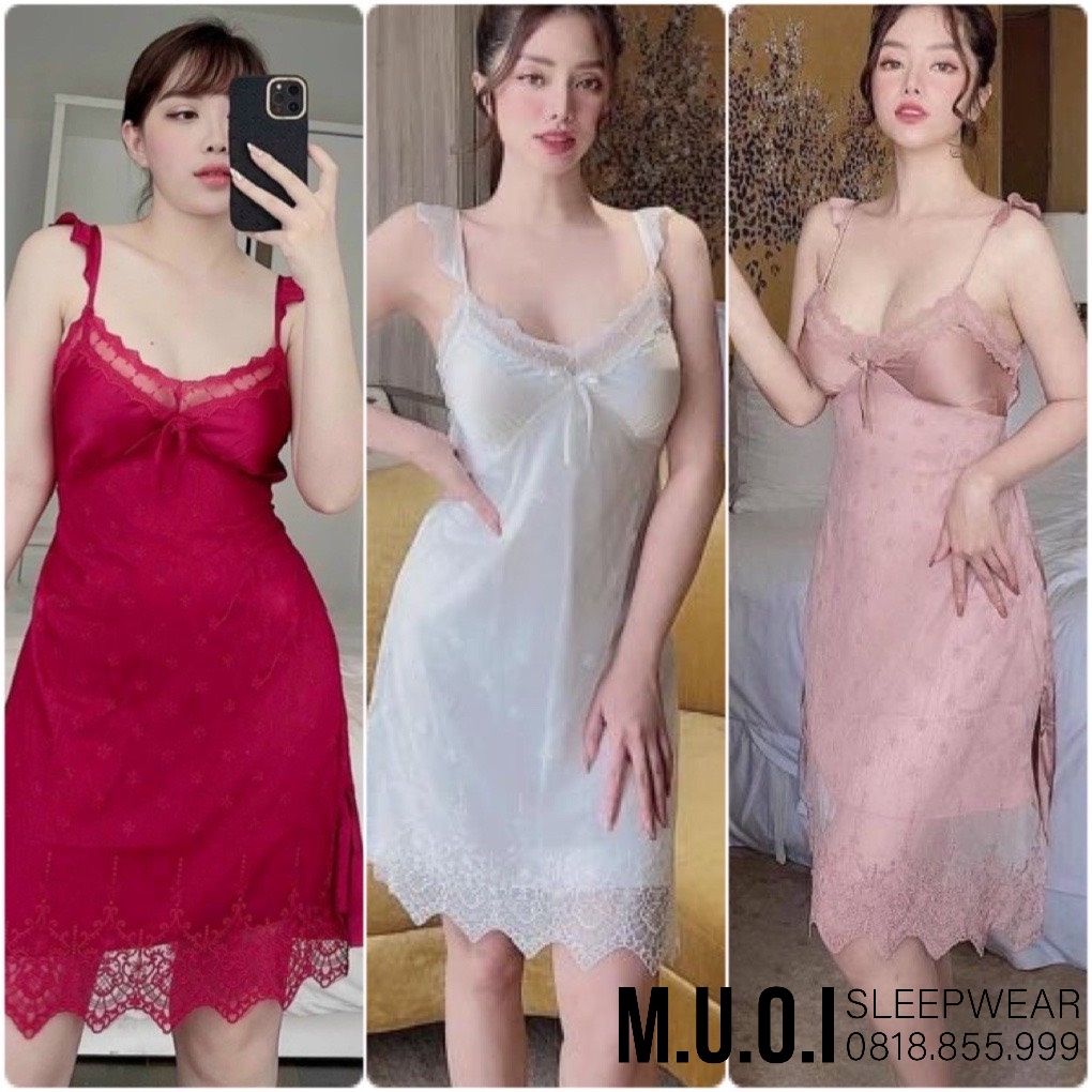 Váy ngủ lụa cánh tiên ren hoa nhí xẻ đùi sexy❤️FREESHIP❤️ Đầm mặc nhà gợi cảm  QUẢNG CHÂU Muối store V056 ( video- ảnh)