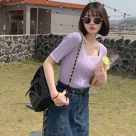 Áo kiểu ZHELIHANGFEI dệt kim tay ngắn thiết kế quyến rũ thời trang trẻ trung dành cho nữ