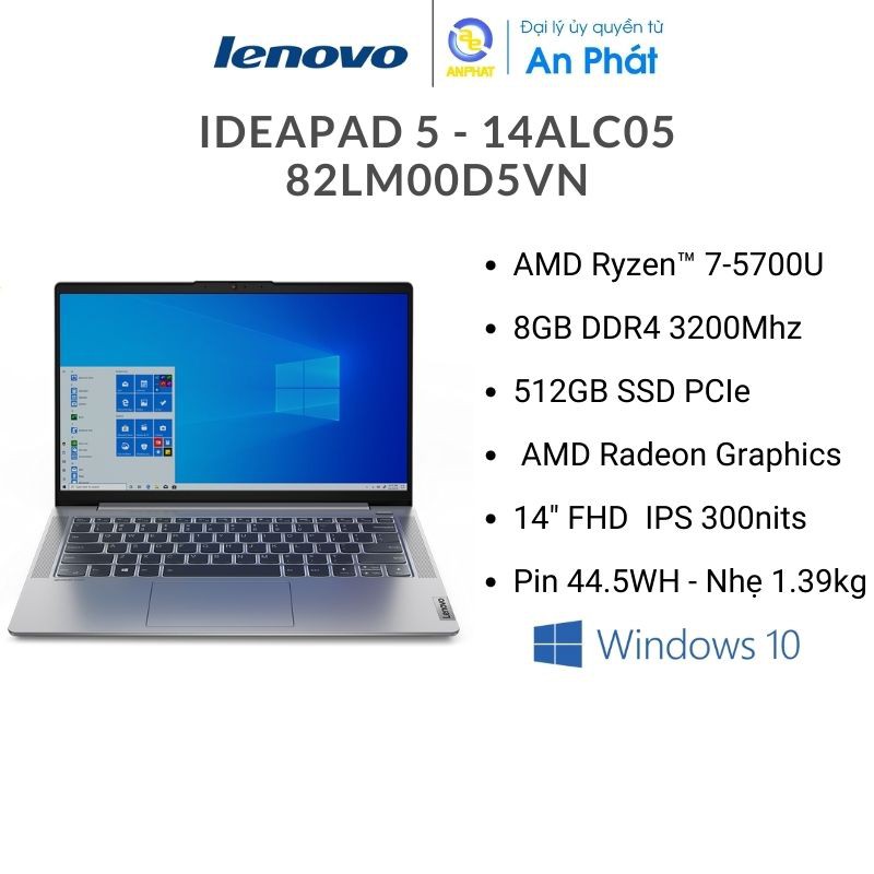 Laptop Lenovo IdeaPad 5 14ALC05 82LM00D5VN (Ryzen 7-5700U | 8GB | 512GB | AMD Radeon | 14.0 inch FHD | Win 10 | Xám)