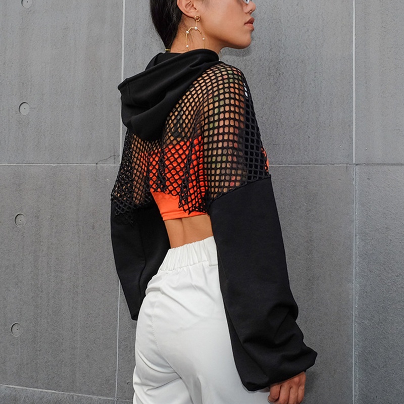 Xiangbao Áo Hoodie Croptop Lưới Tay Dài Cắt Xẻ Phối Màu Tương Phản Có Dây Rút Cho Nữ