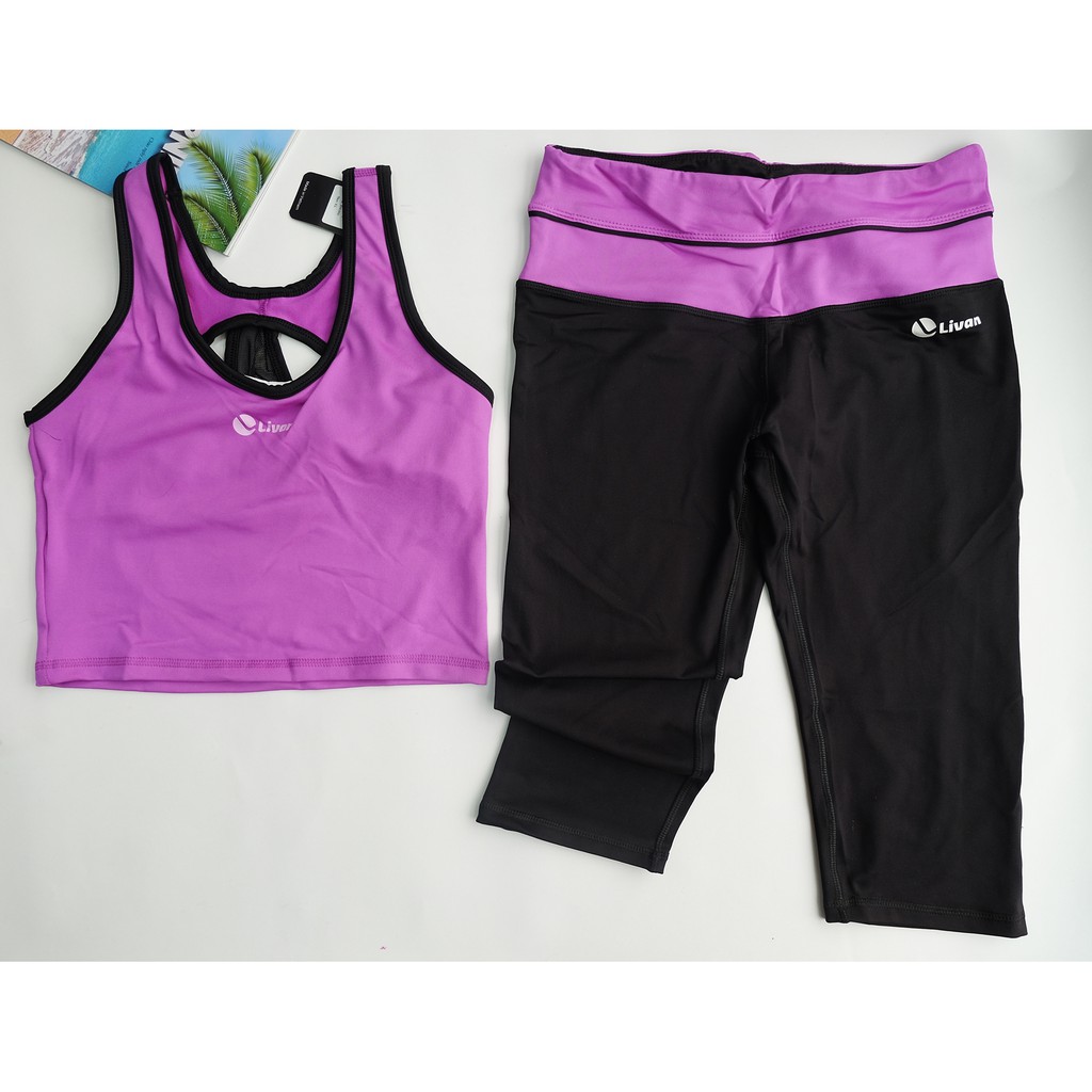 Bộ tập gym áo croptop tím quần lửng đen (Livan)
