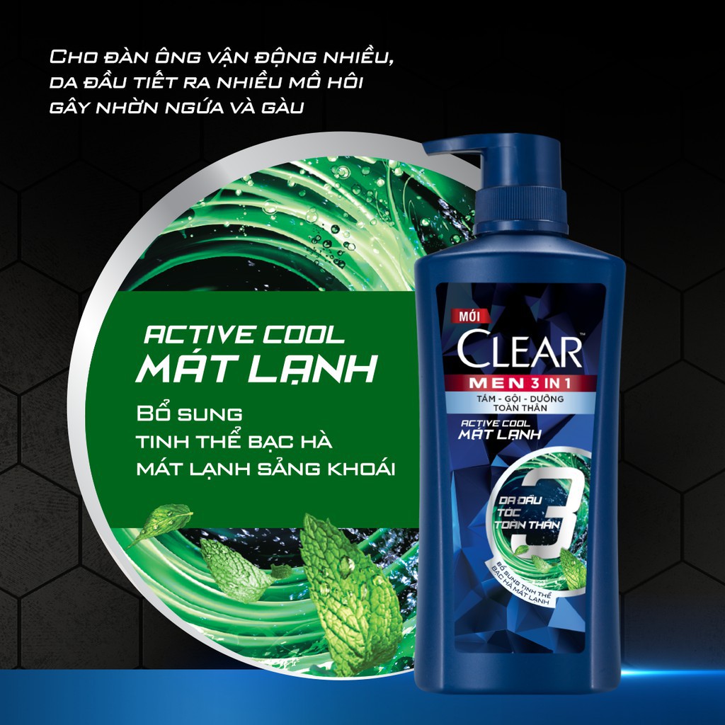 Dầu tắm gội Clear Men 3in1 (630g) Tắm + Gội + Dưỡng