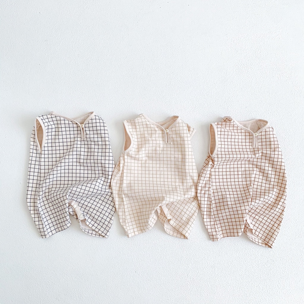 Bộ Áo Liền Quần Sát Nách Bằng Vải Cotton Họa Tiết Ca Rô Đơn Giản Thời