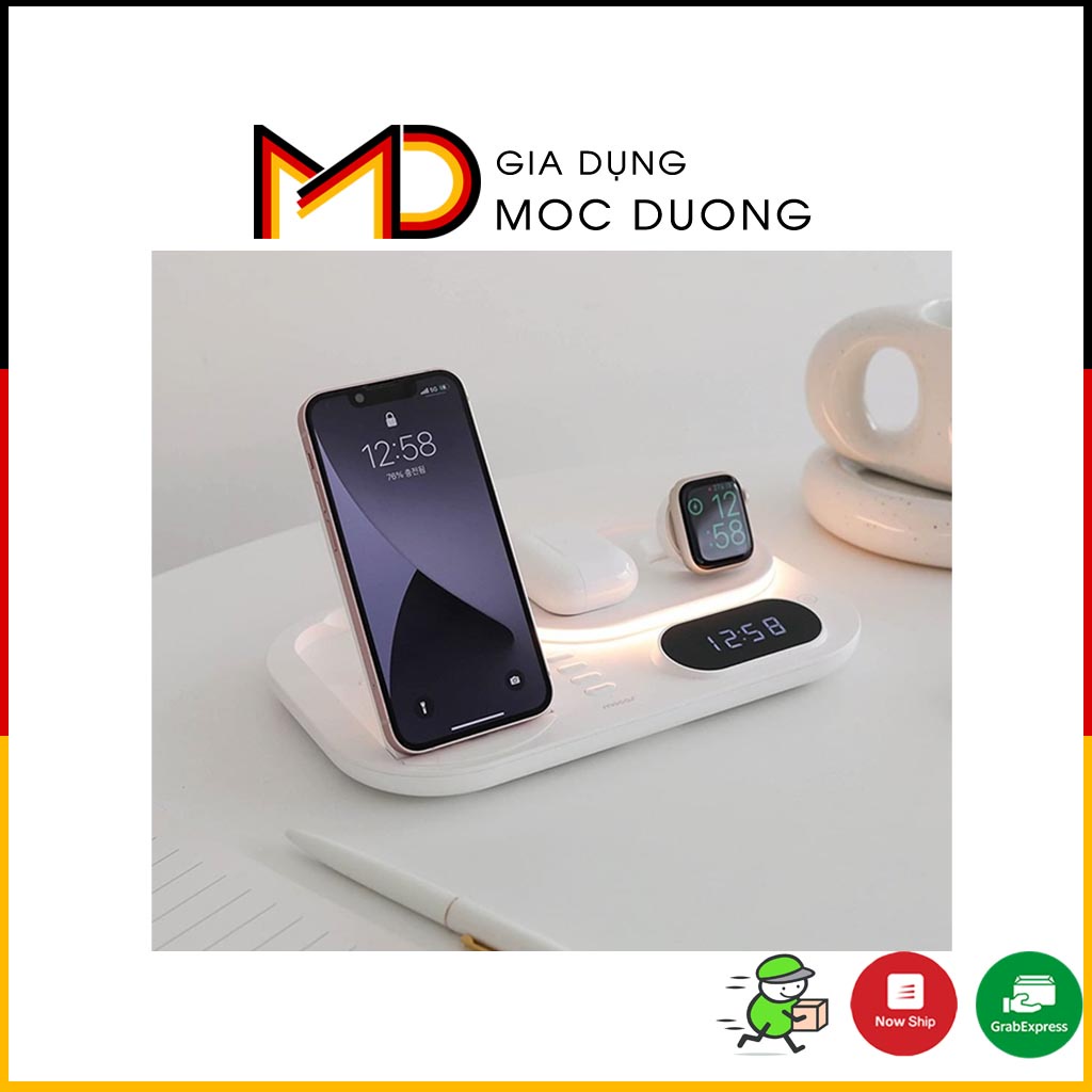 Sạc không dây Mooas đa năng 4in1 có đồng hồ và đèn tuỳ chỉnh theo ý thích - chĩnh hãng
