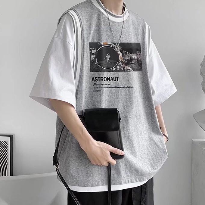 Áo Thun Nam Form Rộng Unisex Phối Layer Giả 2 Lớp In Hình Phi Hành Gia Thời Trang Hàn Quốc Áo Phông đen Big size Fashion Thể Thao Áo Thun Tay Lỡ Nam Nữ  T Shirt Men Áo. Nam Áo Oversize
