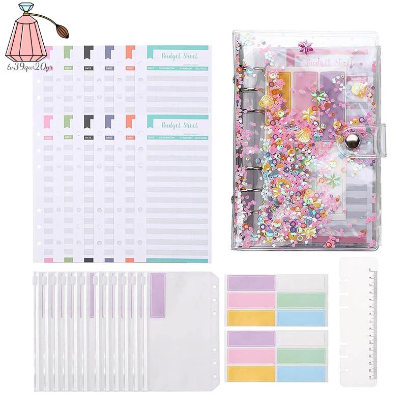 Set 30 món sổ bìa còng A6 vỏ pvc kim sa ngăn túi khóa kéo đựng hóa đơn chi tiêu