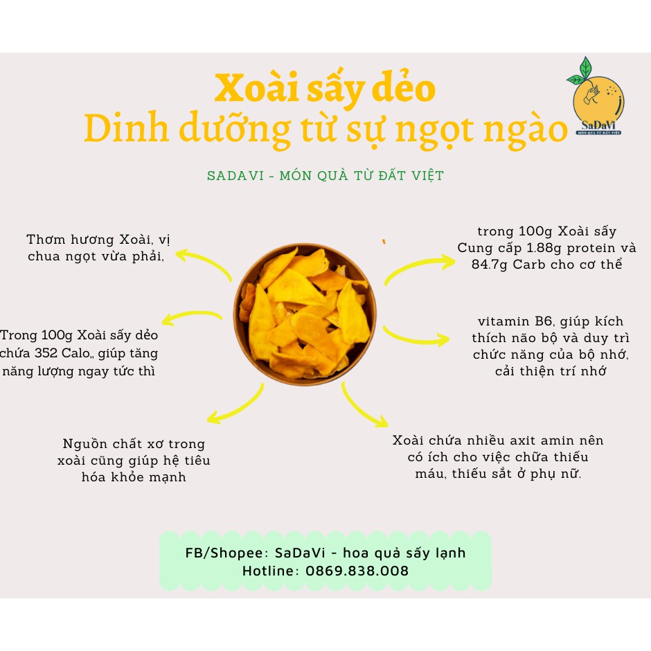 Xoài Sấy Dẻo thơm ngon chua ngọt SaDaVi/ đồ ăn vặt Việt Nam/ ăn vặt healthy - Hũ 200g