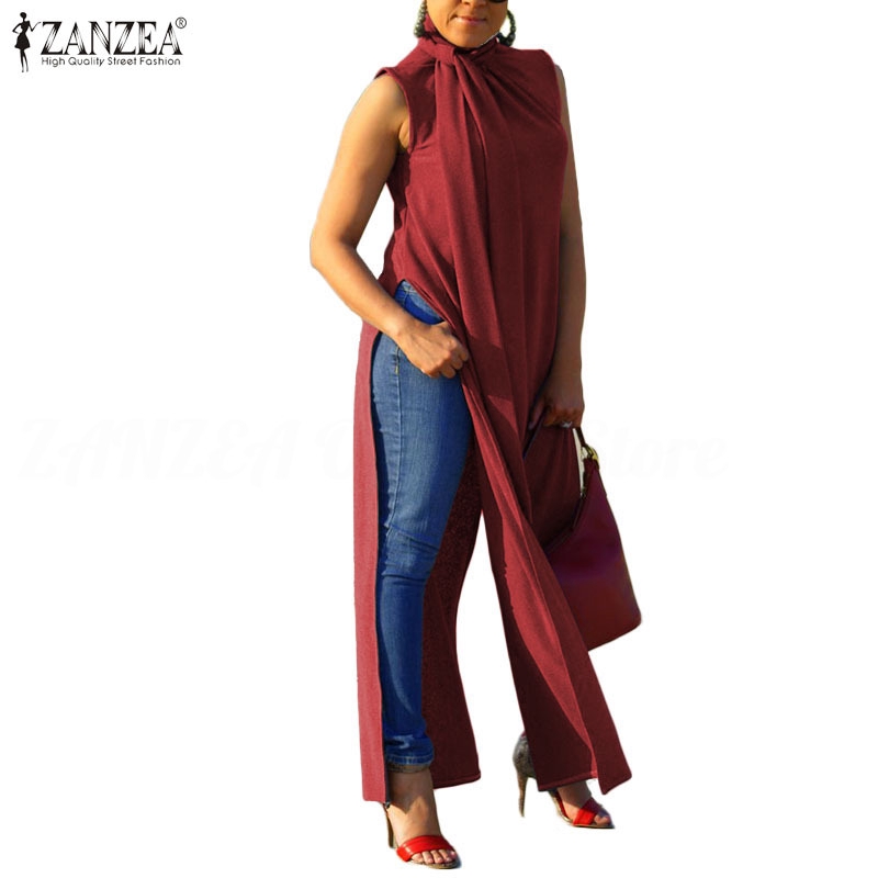 Áo Kiểu Zanzea Dáng Dài Không Tay Xẻ Tà Phong Cách Sành Điệu Thời Trang Cho Phụ Nữ