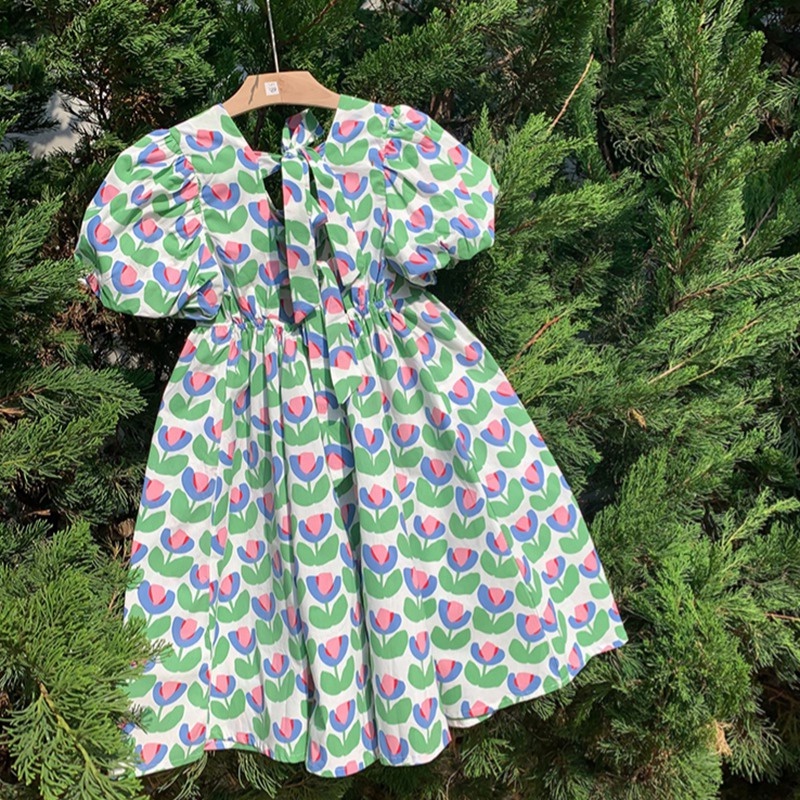 Đầm Công Chúa Hở Lưng Đính Nơ Họa Tiết Hoa Thời Trang Mùa Hè Cho Bé Gái