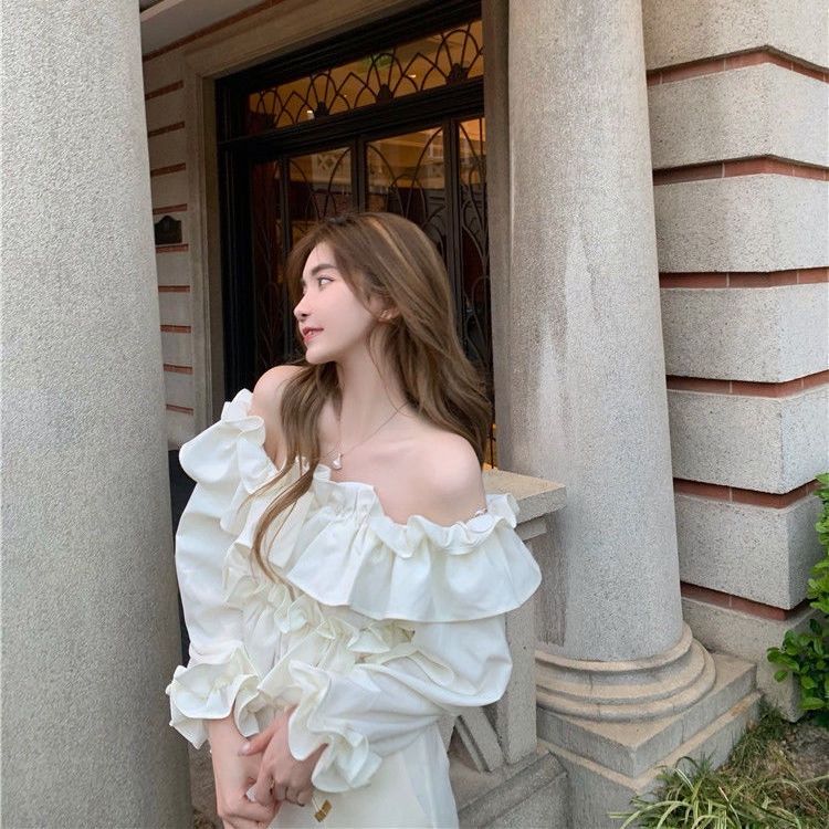 Áo kiểu COZOKC trễ vai tay dài phối bèo thời trang dành cho nữ