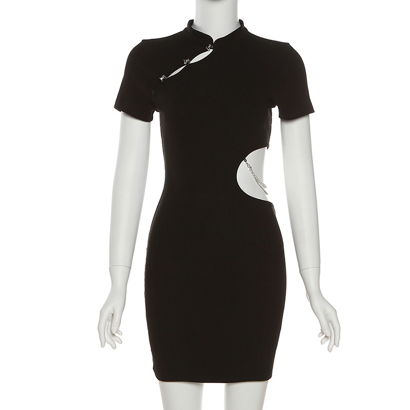 Đầm Tay Ngắn Phối Nút Và Dây Xích Thời Trang Cho Nữ