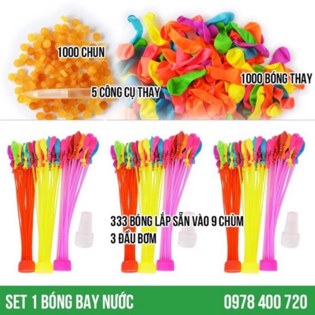 Set 1 bóng bay nước chùm gồm 333 quả lắp sẵn, 1000 bóng thay, 1000 chun, 5 công cụ thay và 3 đầu nối - Bong bóng nước