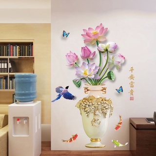 Decal dán tường phòng khách Bình hoa sen 3d dán tường,dán kính siêu đẹp