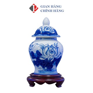 Chóe thờ men Lam trắng Trơn họa tiết  hoa sen, đồ thờ cúng Phùng Gia - Gốm sứ Bát Tràng cao cấp