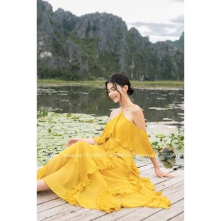 (Bán chạy) MOON  BOHO - MAXI VÀNG TRỄ VAI BÈO DẬP LY (CHẤT TƠ CAO CẤP)