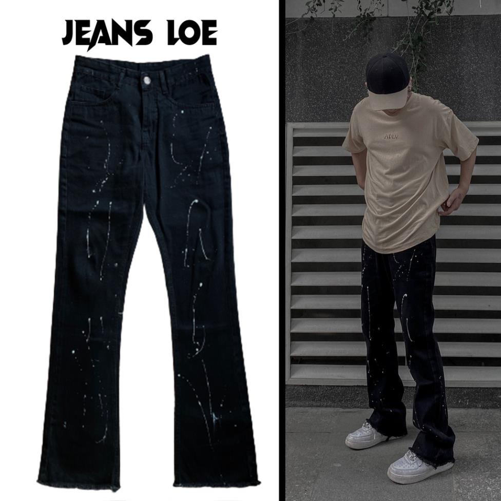 Quần jean ống loe DUSTY STUDIO jean đen vảy sơn rách gấu ( Flare Jeans ) 