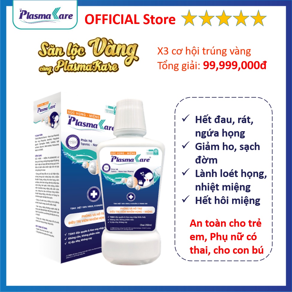 Nước súc họng miệng PlasmaKare giảm ho, rát họng, amidan, ho, khản tiếng chỉ cần súc 30s