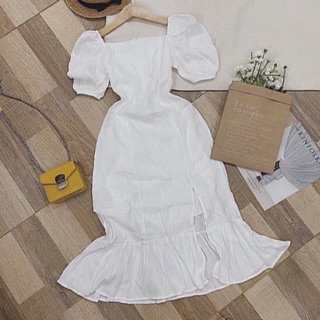 Đầm midi trắng cổ vuông