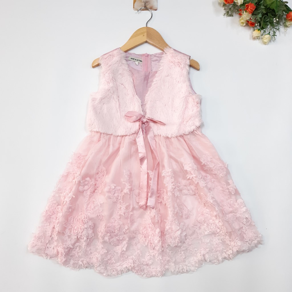 DG89-CC-03- Váy công chúa, bé gái, phối ren, kèm áo lông, màu hồng phấn, Made in VietNam, size bé 12-13kg