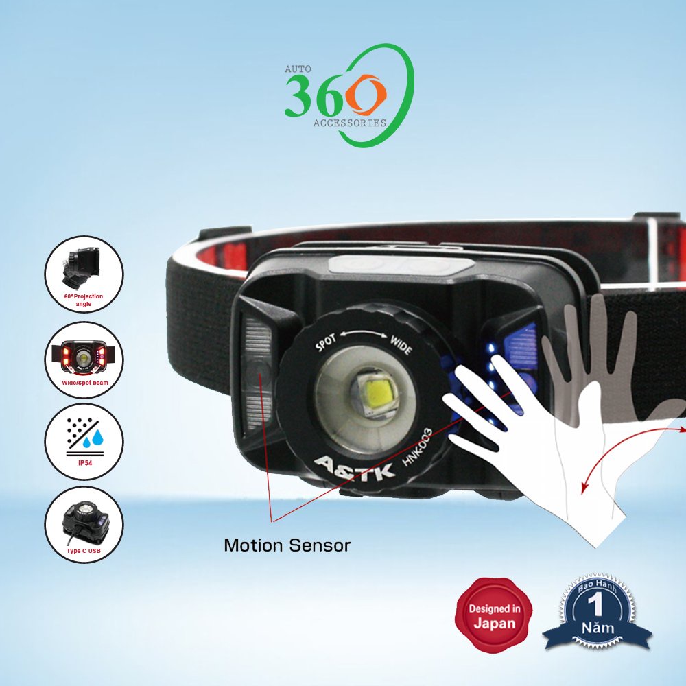 Đèn pin đội đầu A&TK HNK-003 đèn đội đầu siêu sáng mini cảm biến chuyển động chống nước 3.7V 1800mAh