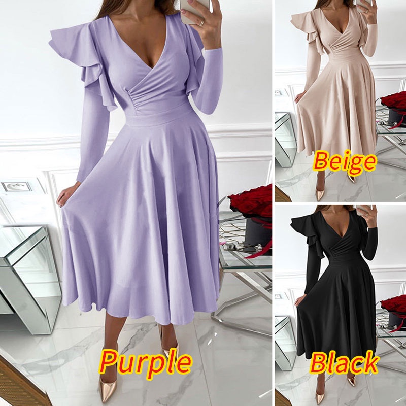 Đầm Zanzea tay dài cổ chữ V eo cao thời trang xinh xắn cho nữ