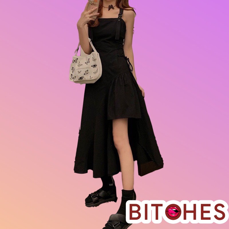 Đầm 2 dây nịt vai xẻ tà đen phong cách cá tính-BITCHES