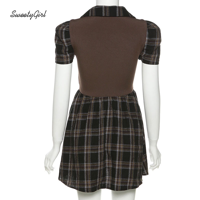 Đầm Tay Ngắn Cổ Chữ V Họa Tiết Sọc Caro Thời Trang Đường Phố Cho Nữ 2022
