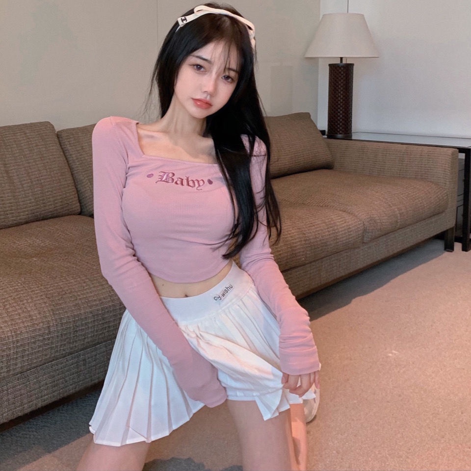 Áo thun COZOK tay dài cổ vuông thêu họa tiết quyến rũ cho nữ