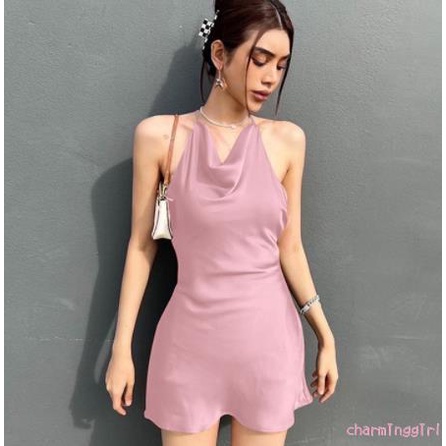 Đầm Ngắn Không Tay Cổ Yếm Màu Trơn Thời Trang Mùa Xuân Dành Cho Nữ