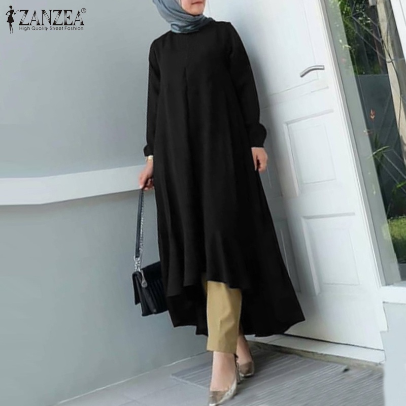 Đầm maxi ZANZEA tay dài cổ tròn màu trơn thời trang cho nữ