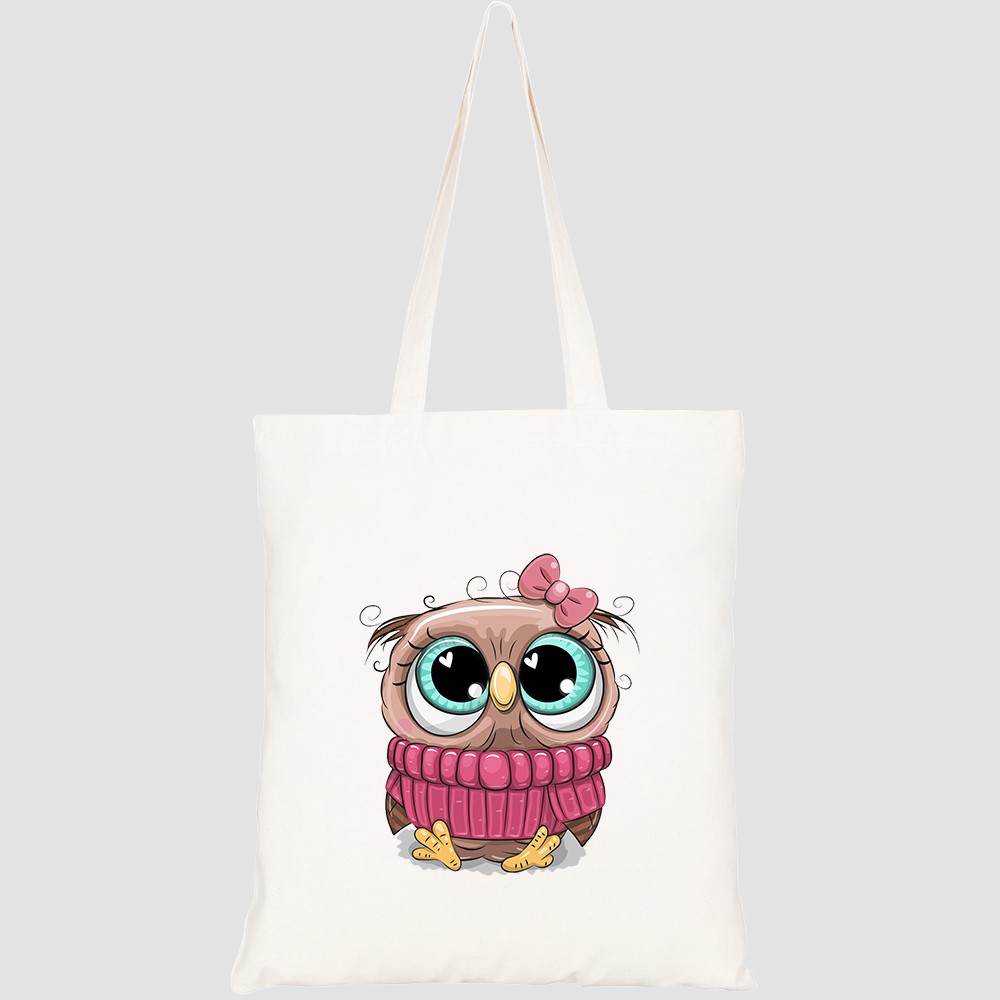 Túi vải tote canvas HTFashion in hình cute cartoon owl pink sweater HT337