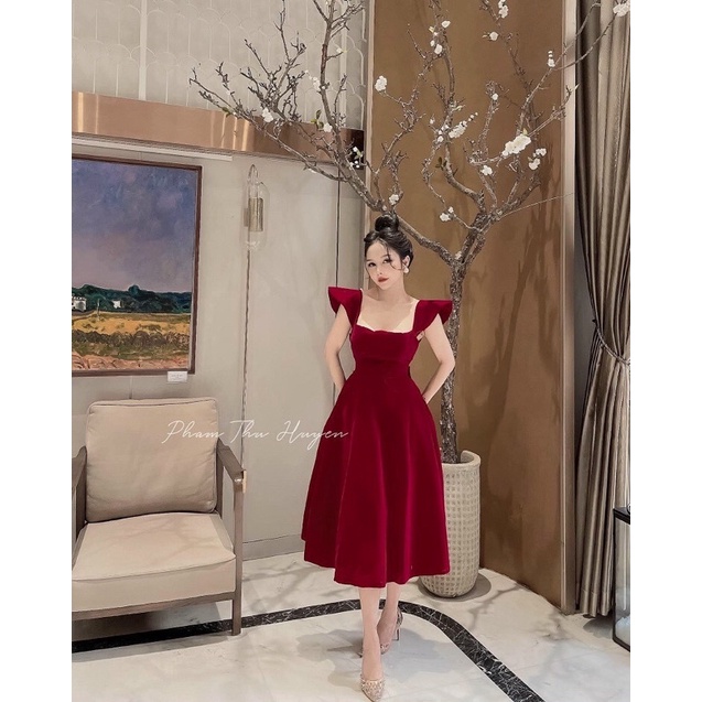 ĐẦM NỮ DÁNG XÒE 2 DÂY SANG TRỌNG DỰ TIỆC 🔥FREESHIP🔥 ĐẦM NHUNG ĐỎ TIỂU THƯ HỞ LƯNG KÈM NƠ EO