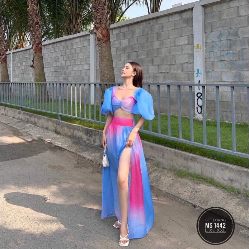 SET ÁO TAY PHỒNG PHỐI VÁY LOANG MÀU BIGSIZE ĐI BIỂN