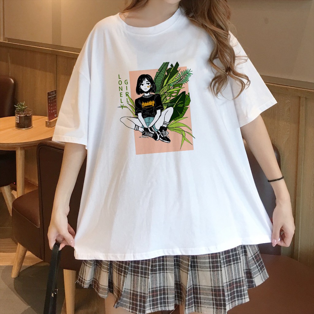Áo thun nữ tay lỡ form rộng dáng oversize basic GIRL LONELY mặc kèm chân váy siêu đẹp