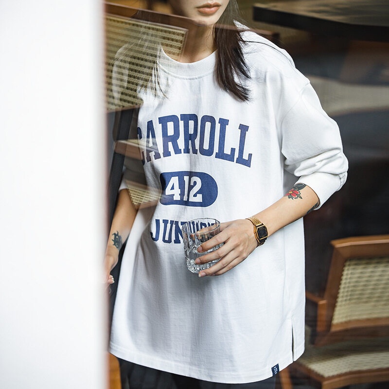 Áo thun cotton MADEN tay dài dáng rộng in chữ số phong cách retro Mỹ thời trang mua thu