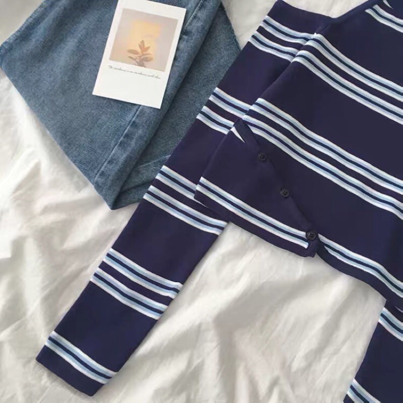 Áo thun len tăm kẻ sọc hở vai