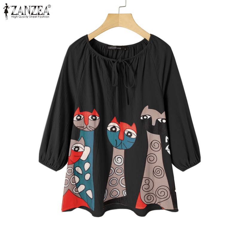 Áo kiểu ZANZEA tay lửng cổ tròn họa tiết mèo vintage thời trang tùy chọn màu sắc dành cho nữ