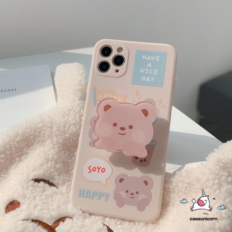 Ốp điện thoại TPU mềm viền suông có giá đỡ đỡ hình gấu đáng yêu cho iPhone11 6 6s 7 8 Plus 11 12 Pro Max X XR XS MAX SE