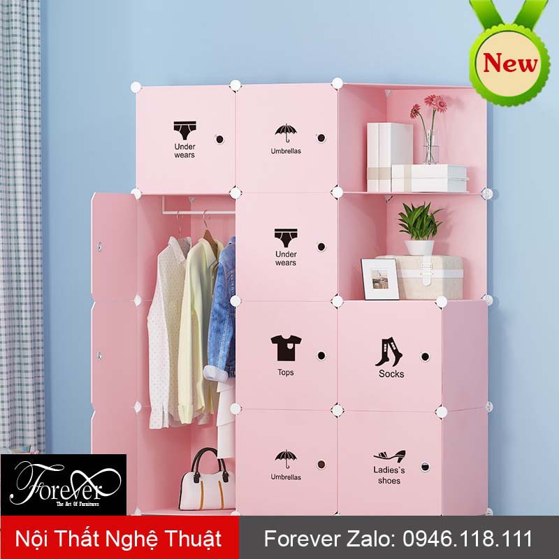 Tủ nhựa lắp ghép 12 ô (2 ô xéo) 111*147*47cm Decal quần áo màu hồng bảo hành 1 đổi 1 - Nội Thất Nghệ Thuật Forever