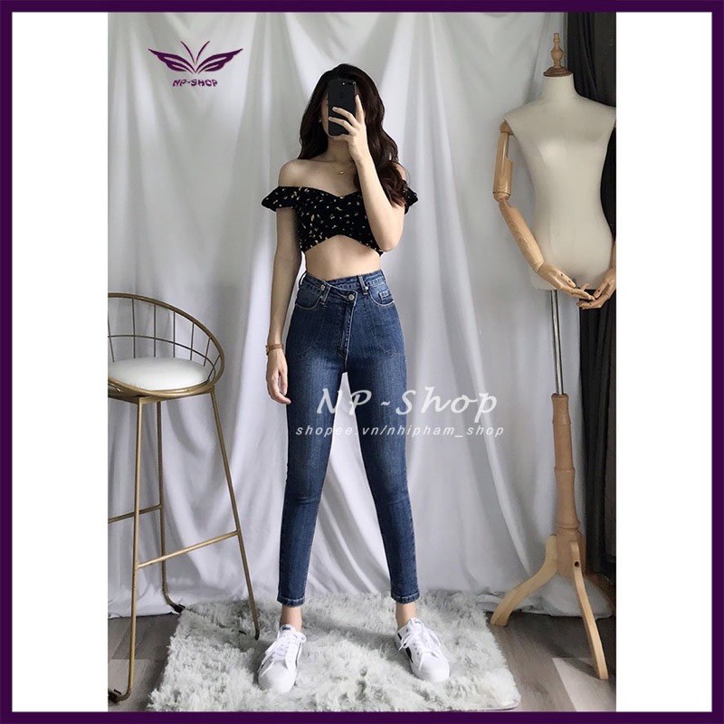 Quần jean nữ lưng cao⚡️ quần bò nữ cạp cao co giãn kiểu ôm 9 tấc nút lệch Nhipham shop/vnxk | BigBuy360 - bigbuy360.vn