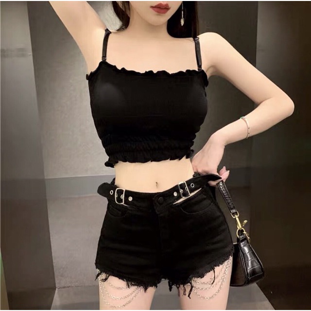 Quần đùi kaki mặc nhà nữ lưng cao kèm dây xích chất dày mịn hàng chuẩn shop