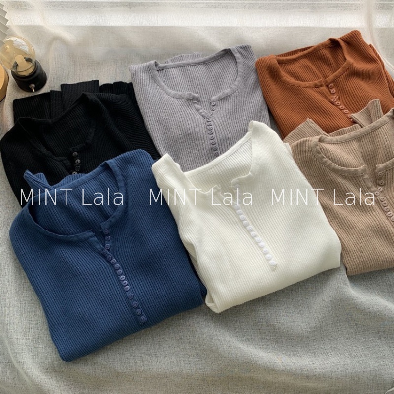Áo Len Nữ Tay Dài Đính Cúc Nhỏ Dáng Ôm Co Giãn Tốt