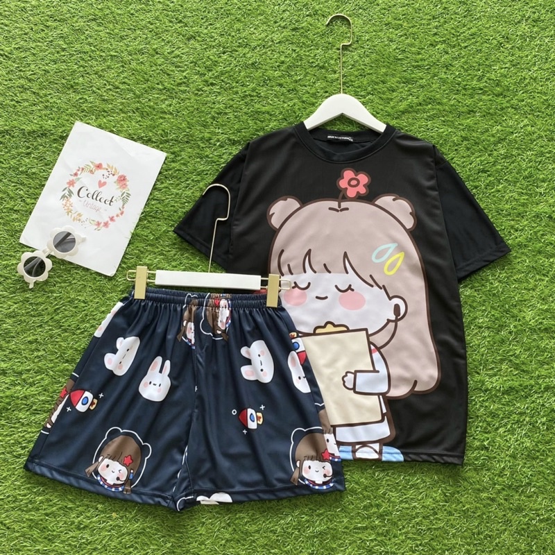 Đồ bộ mặc nhà form rộng unisex in hoạt hình chất thun thoáng mát nguyên set đồ ngủ đồ đi chơi
