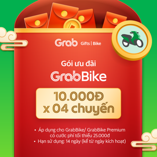 [E-Voucher] Gói ưu đãi 10k x 4 cho chuyến xe GrabBike từ 25k